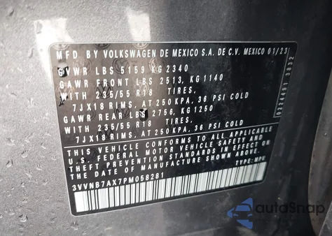 2023 Volkswagen Tiguan 2.0T Se из США, поврежденный, VIN 3VVNB7AX7PM058281